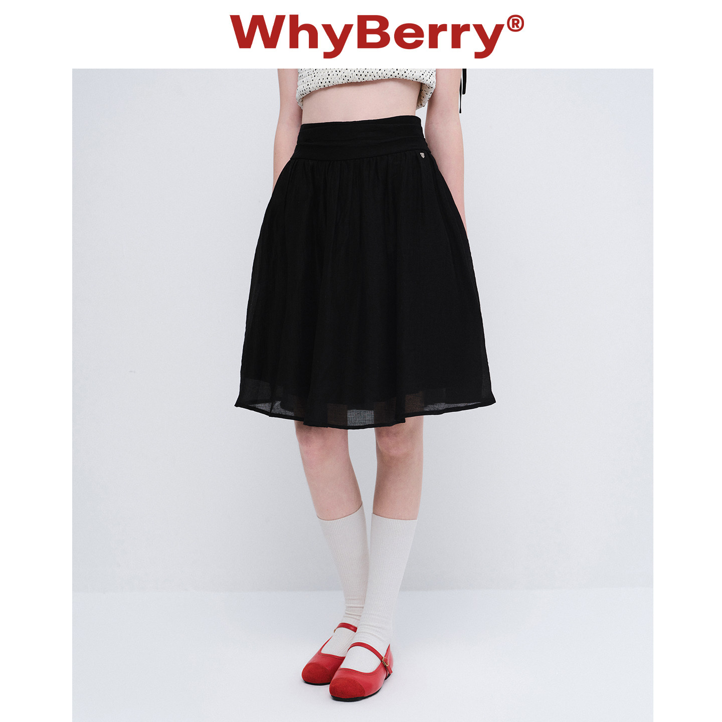 WhyBerry 26SS“花絮轻风”黑色复古显瘦A字半身裙时尚褶皱蓬蓬裙