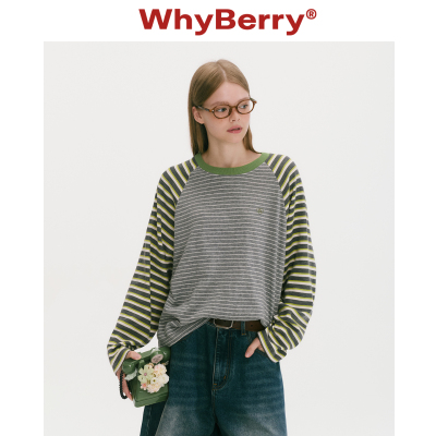 WhyBerry 25AW“青苹果”条纹宽松插肩袖上衣显瘦休闲长袖T恤