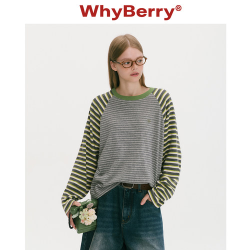WhyBerry 25AW“青苹果”条纹宽松插肩袖上衣显瘦休闲长袖T恤