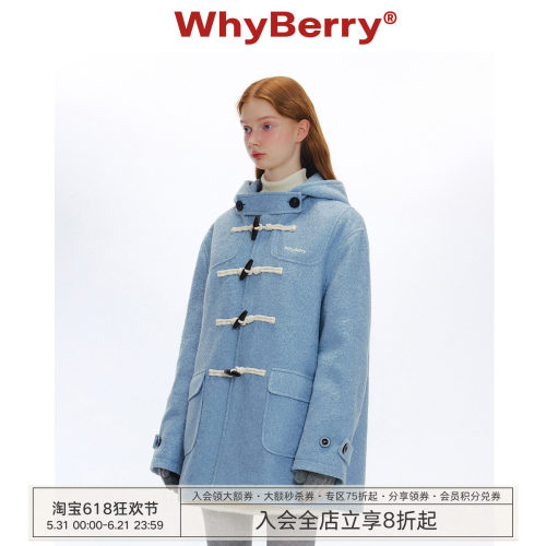 WhyBerry 24AW“泡芙学院”蓝色牛角扣大衣秋冬复古加厚毛呢外套