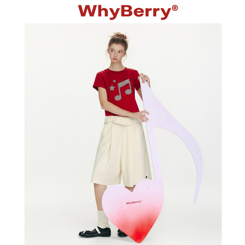 WhyBerry 26SS“草莓乐章”音符印花短袖上衣女艺术感短款正肩t恤