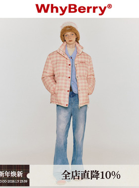 WhyBerry 23AW“奶油华夫饼”粉色格子羽绒服保暖外套白鸭绒内里