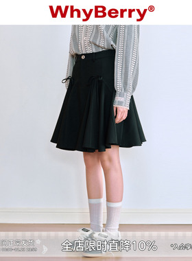 WhyBerry 24SS“庄园蝶影”A字百褶小短裙蝴蝶结半裙黑色密织绣花