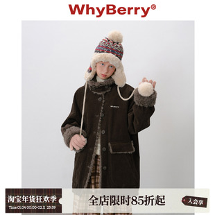 WhyBerry 25AW“冷莓生巧”灯芯绒中长款棉服拼接毛领冬季厚外套