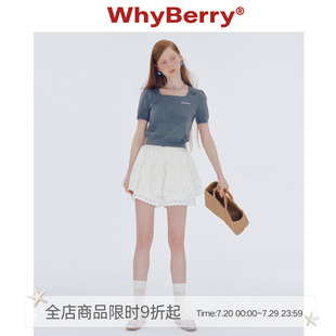 上衣女夏甜美 WhyBerry24SS 玫瑰奶乌 方领玫瑰花针织衫 纯色短袖