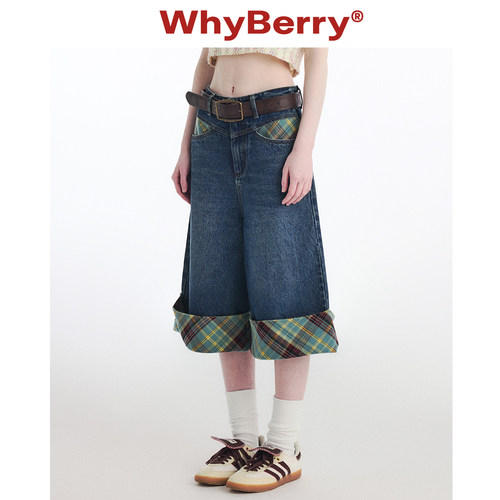 WhyBerry 24SS“时髦个性”撞色格纹牛仔短裤休闲宽松蓝色裤子
