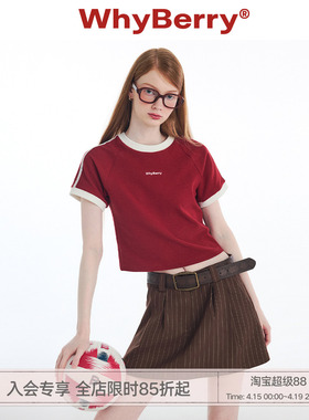 WhyBerry 24SS“学院夏日”美式复古T恤撞色短袖插肩袖红色上衣女