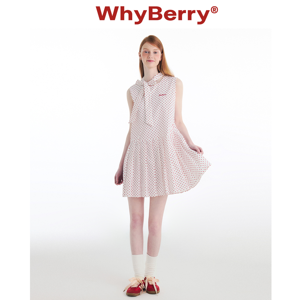 WhyBerry 24SS“波点派对”红白波点复古连衣裙微A深蓝色裙子夏日