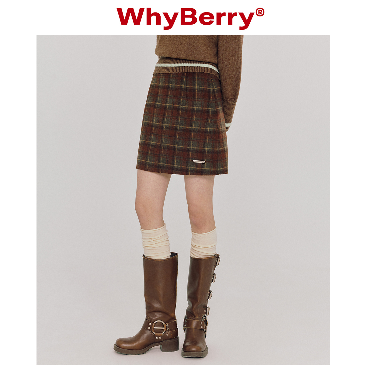 WhyBerry短款A字裙格子半身裙