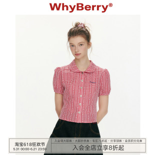 WhyBerry 26SS“花物语”红色格子娃娃领短袖衬衫百搭上衣女春夏