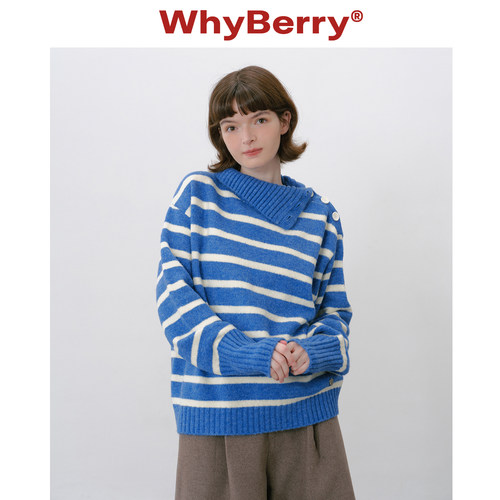 WhyBerry 25AW“少女笔记”复古蓝色条纹毛衣保暖秋冬针织上衣女