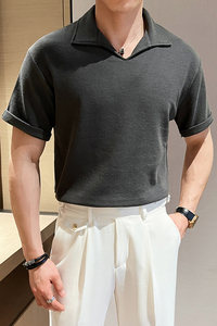 华夫格面料V领短袖男宽松POLO衫 军绿 ST52/P58 控88图片