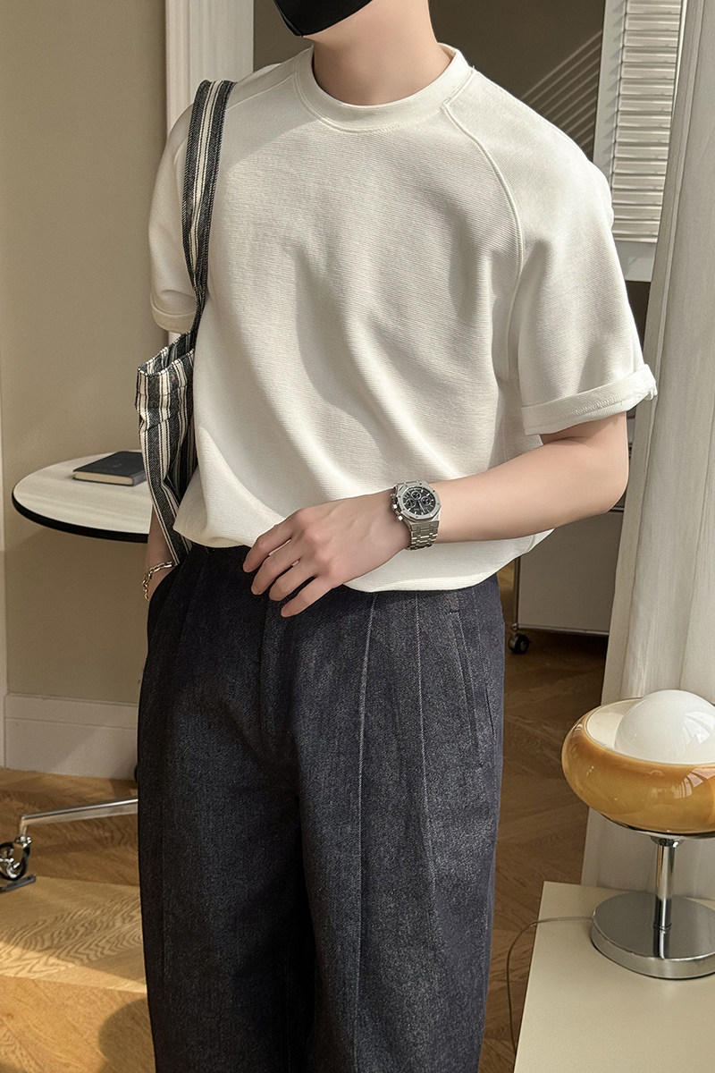 280克楼梯纹理插肩袖短袖T恤白ST85/P48控78,男装T恤,电商A242