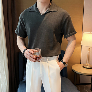 华夫格面料V领短袖男宽松POLO衫 军绿 ST52/P58 控88图片
