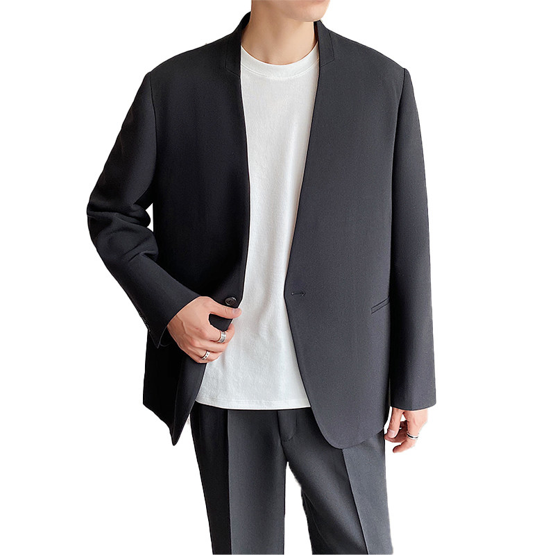 轻熟风无领设计一粒扣宽松休闲西装黑X168/P165控198,男装西服套装,电商A242