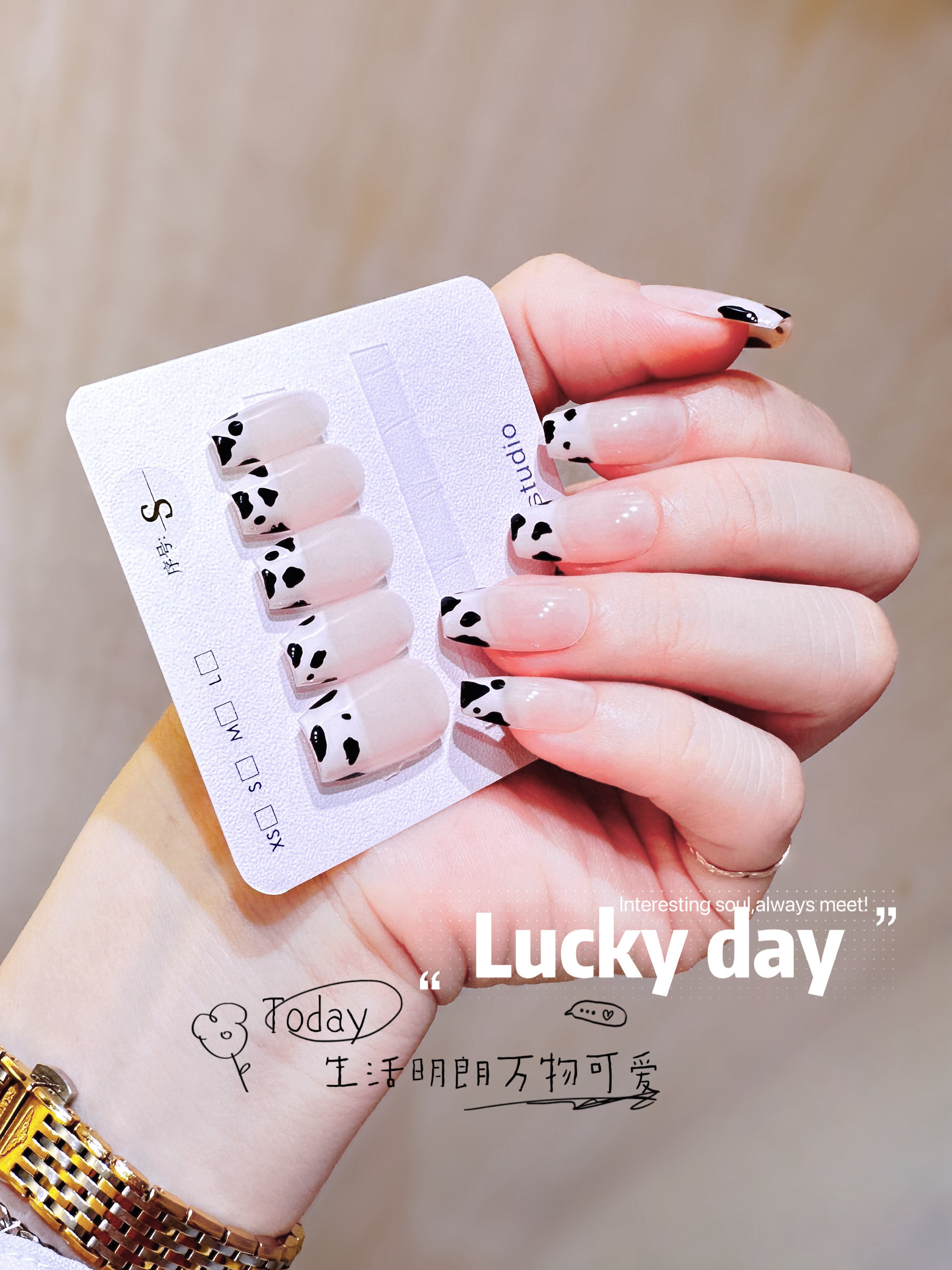 美甲穿戴式指甲贴片成品现货奶牛萌萌高品质纯手工梯型升级甲片