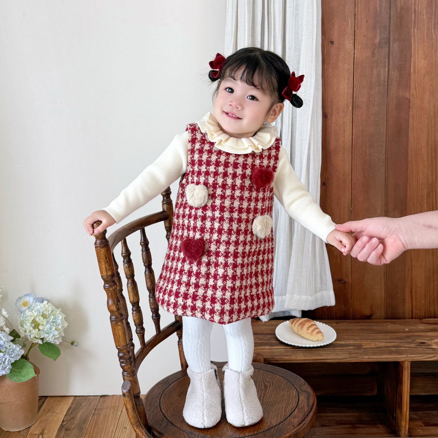 2025冬季女童加绒背心裙儿童公主裙韩版女宝宝加厚格子爱心连衣裙