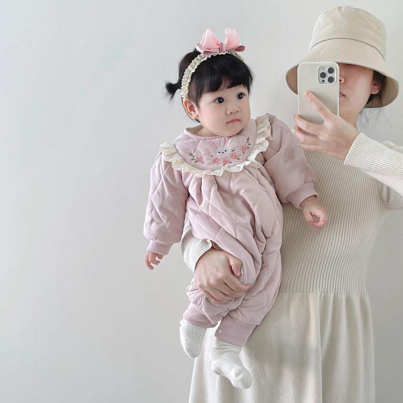 婴儿衣服冬季夹棉加绒加厚女宝宝连体衣可爱超萌洋气公主棉服外穿
