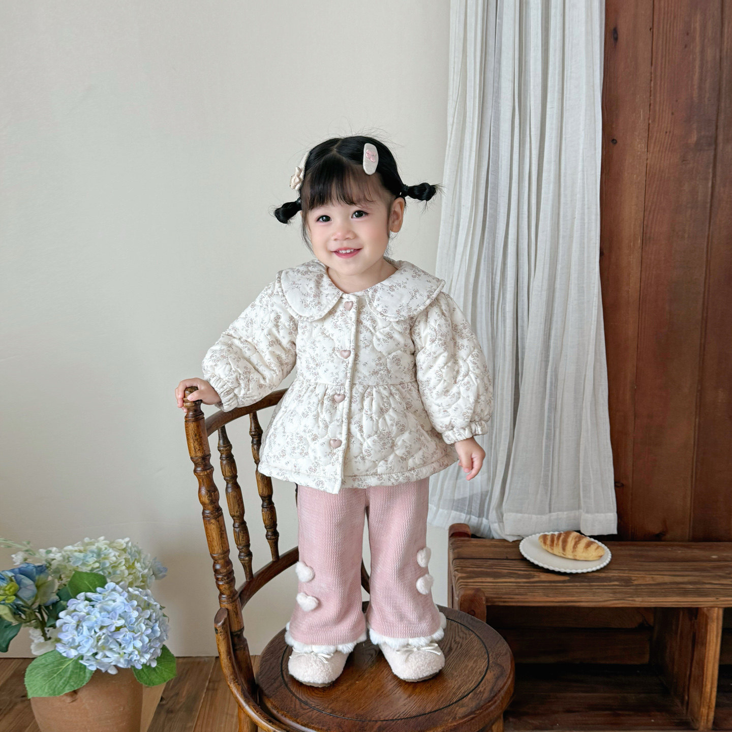 女童秋冬季碎花棉服女宝宝洋气甜美夹棉加厚棉衣外套爱心裤子套装