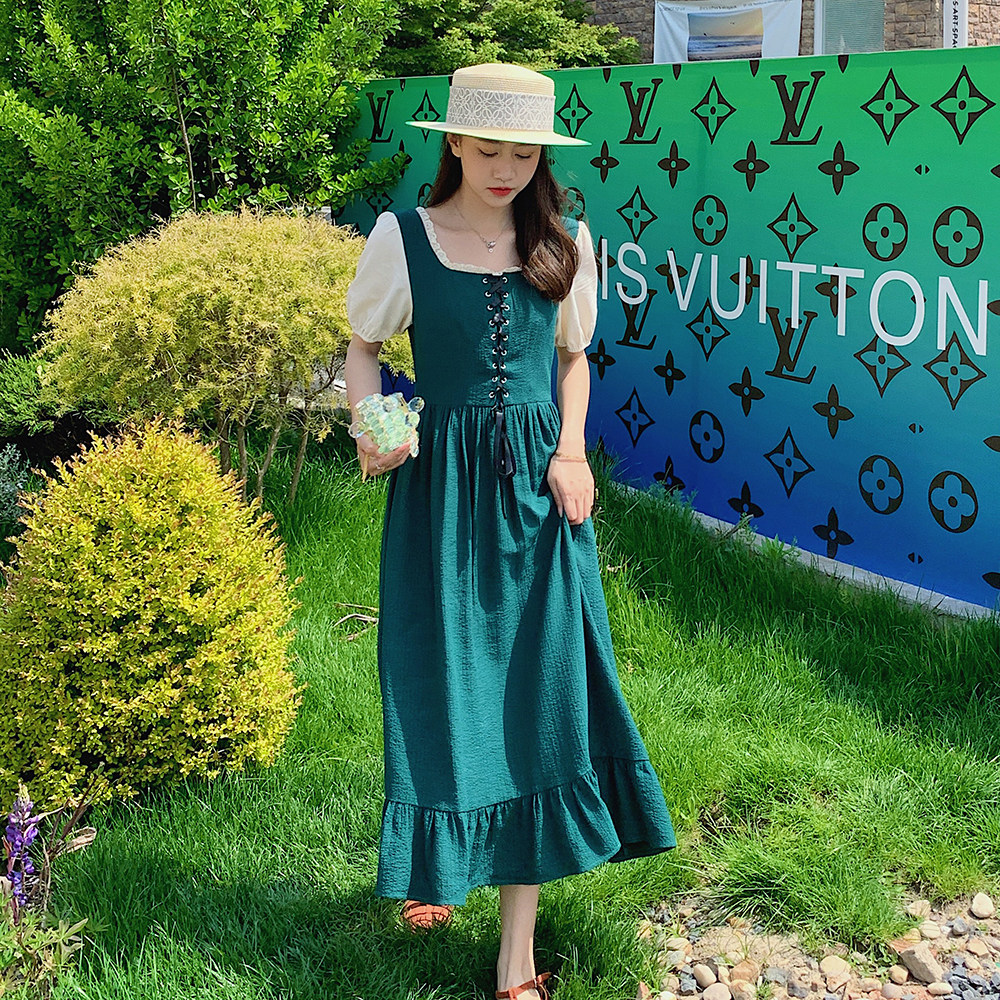 现货买家秀法式复古灯笼袖墨绿色连衣裙x8139p100k158