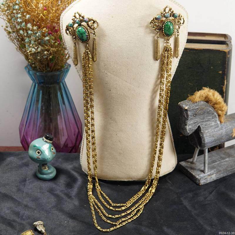 Vintage西洋古董欧美维多利亚风镶天然石中古首饰长链胸针披风链