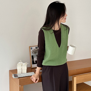 潮 叠穿女装 复古V领细羊毛针织马甲背心上衣韩国小众2025秋装 新款