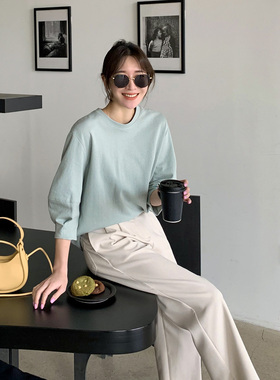 灯笼袖t恤女春夏新款宽松大码显瘦圆领七分袖小众设计感棉质上衣