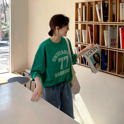 韩国字母印花宽松卫衣女2026春季新款高级感休闲百搭七分袖上衣
