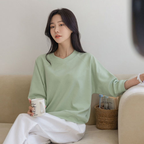 交叉V领七分袖宽松大码T恤女