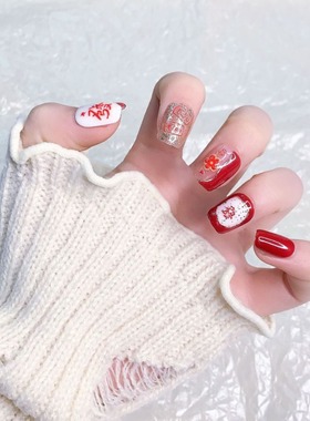2025新年蛇年纯手工穿戴甲片美甲可爱甲片指甲贴片短款红色磨砂款