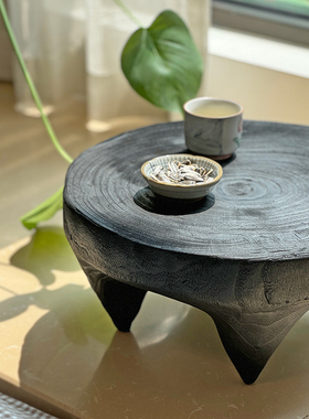 侘寂实木飘窗小茶台圆形茶几黑色地台茶桌榻榻米桌子炕桌炕几矮桌