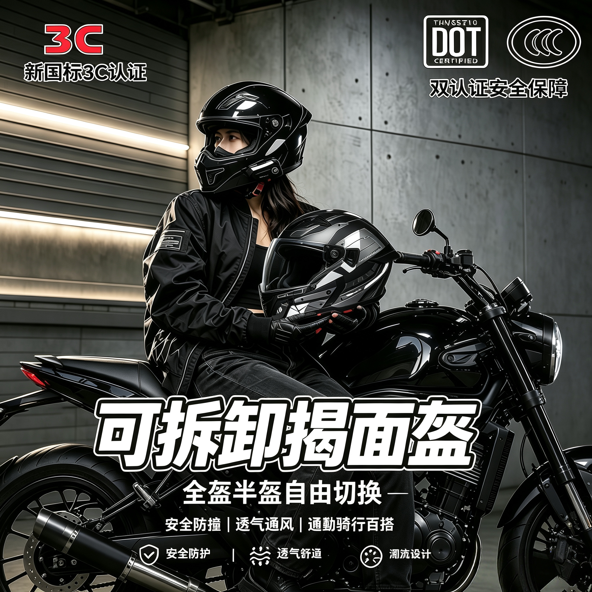RNG组合盔头盔男摩托车四季通用全盔带蓝牙耳机四分之三复古巡航