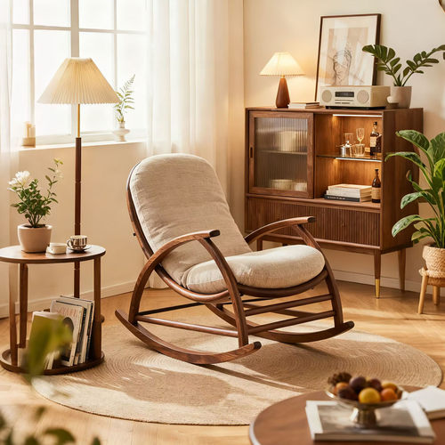 新中式北美胡桃木布艺休闲摇摇椅