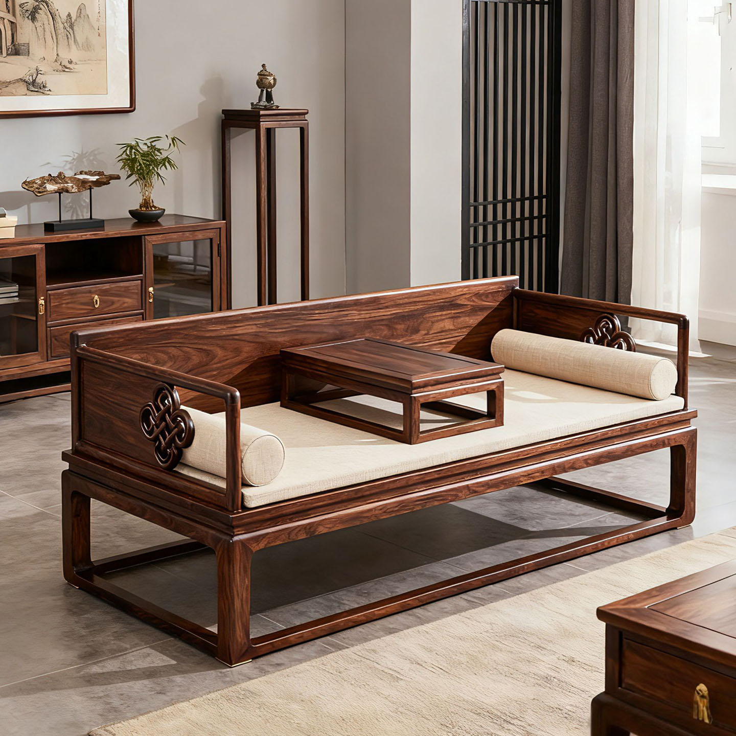 新中式北美黑胡桃木中国结罗汉床