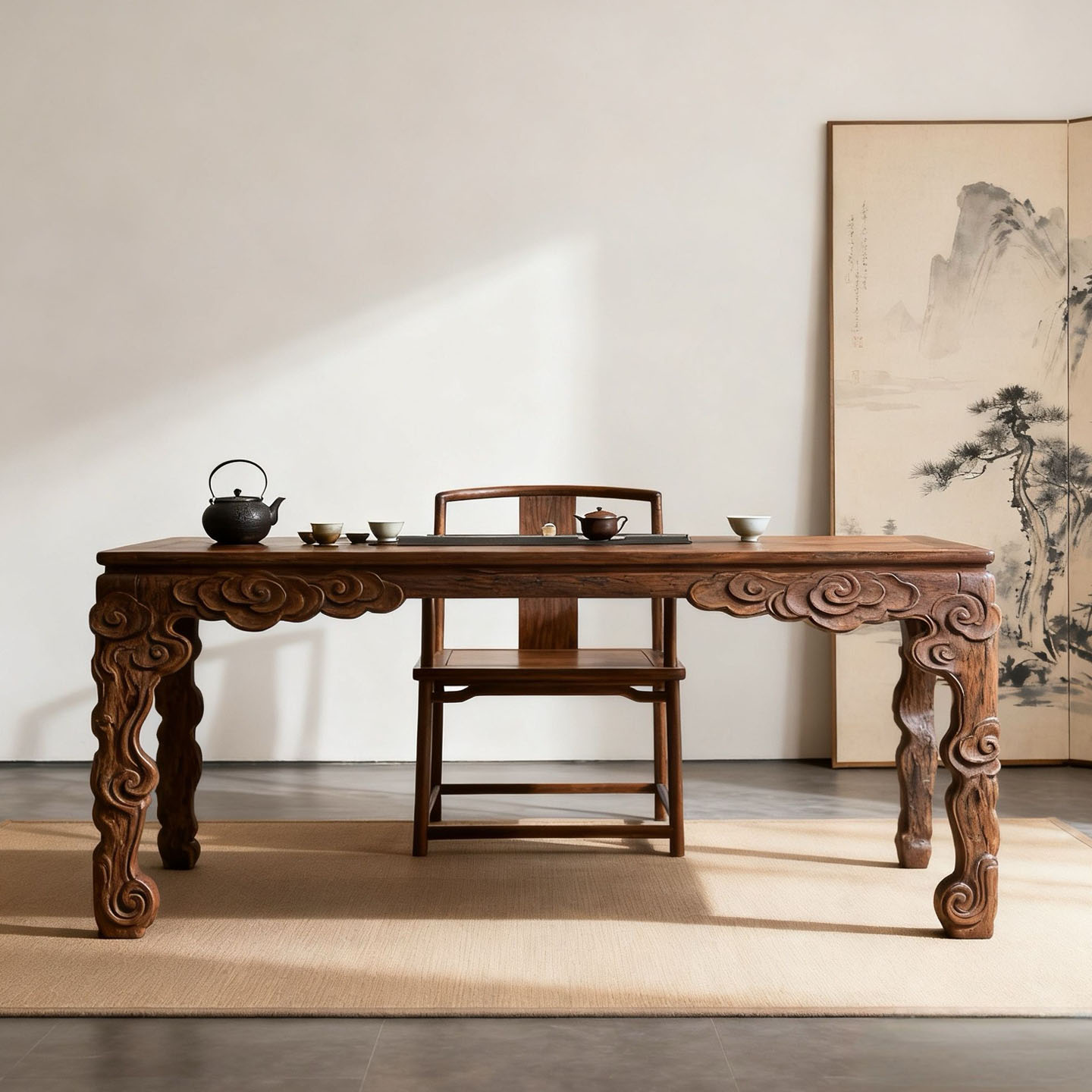 新中式北美黑胡桃木祥云茶桌组合