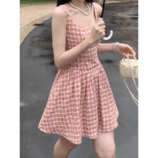 收腰显瘦韩系miu系俏皮少女格纹吊带连衣裙女 纯欲风甜美短裙夏季