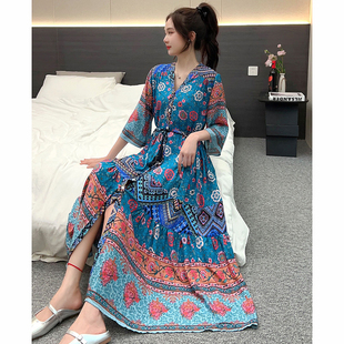 复古民族风棉绸碎华连衣裙人造棉长裙显瘦沙滩裙度假风旅游抽绳