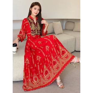 民族风网纱刺绣连衣裙长裙复古设计感中袖云南旅游度假风印花棉绸