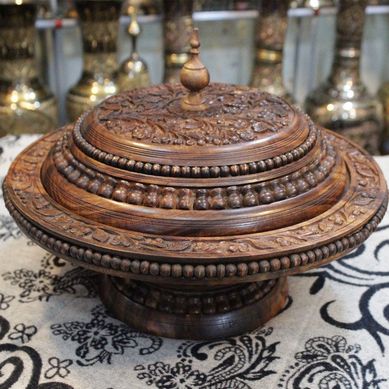 定制巴基斯坦传统手工实木雕民族风雕花工艺复古干果糖果盒家居礼