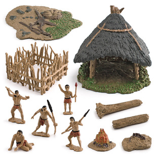 跨境儿童仿真茅草屋模型原始人野人生活地台茅草屋围栏装饰摆件