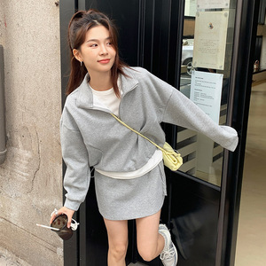 2024年流行春装新款韩系ins立领半拉链卫衣半身短裙休闲套装女