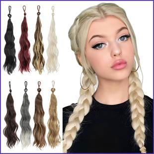 欧美假发女皮筋自绕式麻花辫子发束编发增发量长卷发马尾ponytail