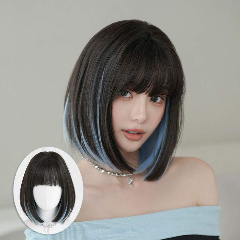 晴蓝色挑染假发女齐刘海BOBO头短发假发全头套日韩系仿真短发wigs