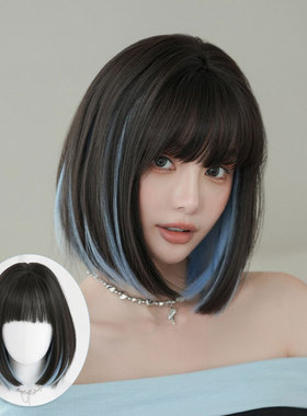 晴蓝色挑染假发女齐刘海BOBO头短发假发全头套日韩系仿真短发wigs