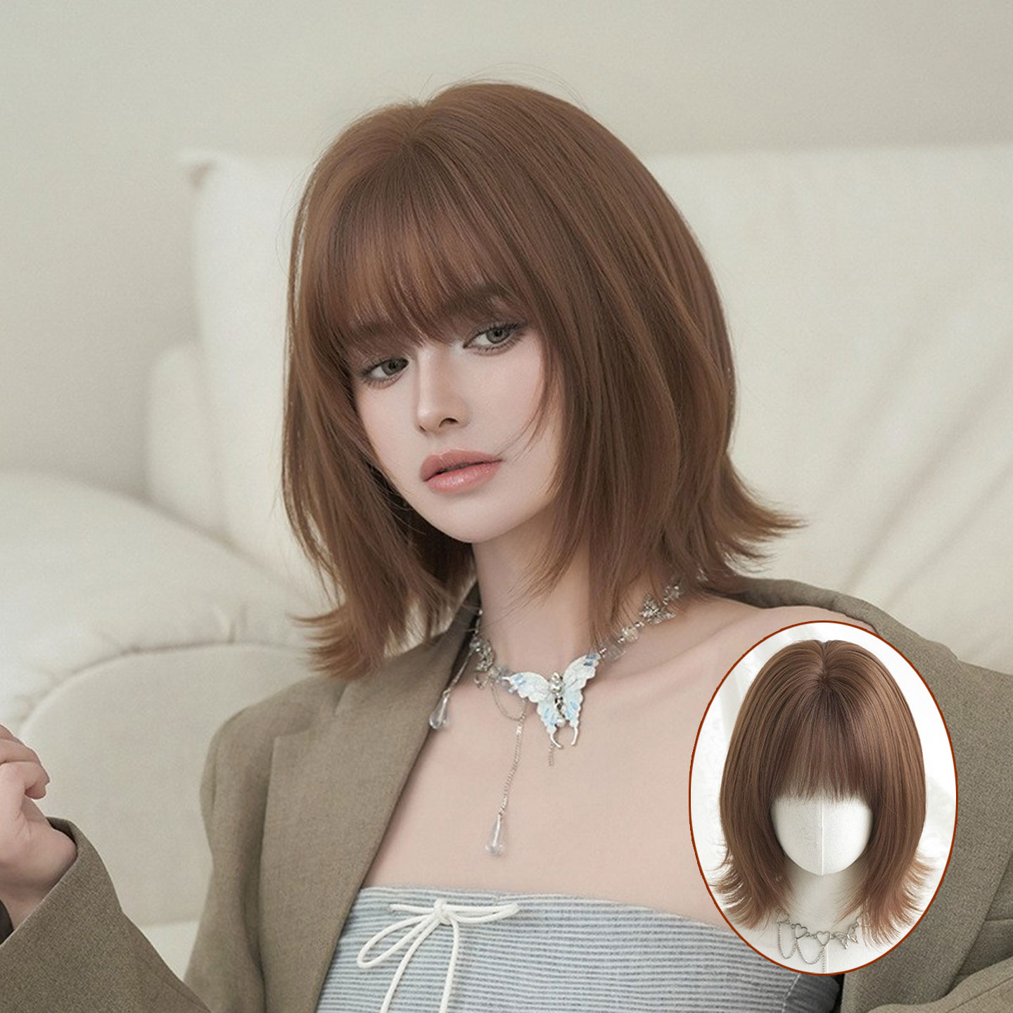 落日茶棕色假发女发尾外翻短直发假发头套蓬松洋气短发short wigs