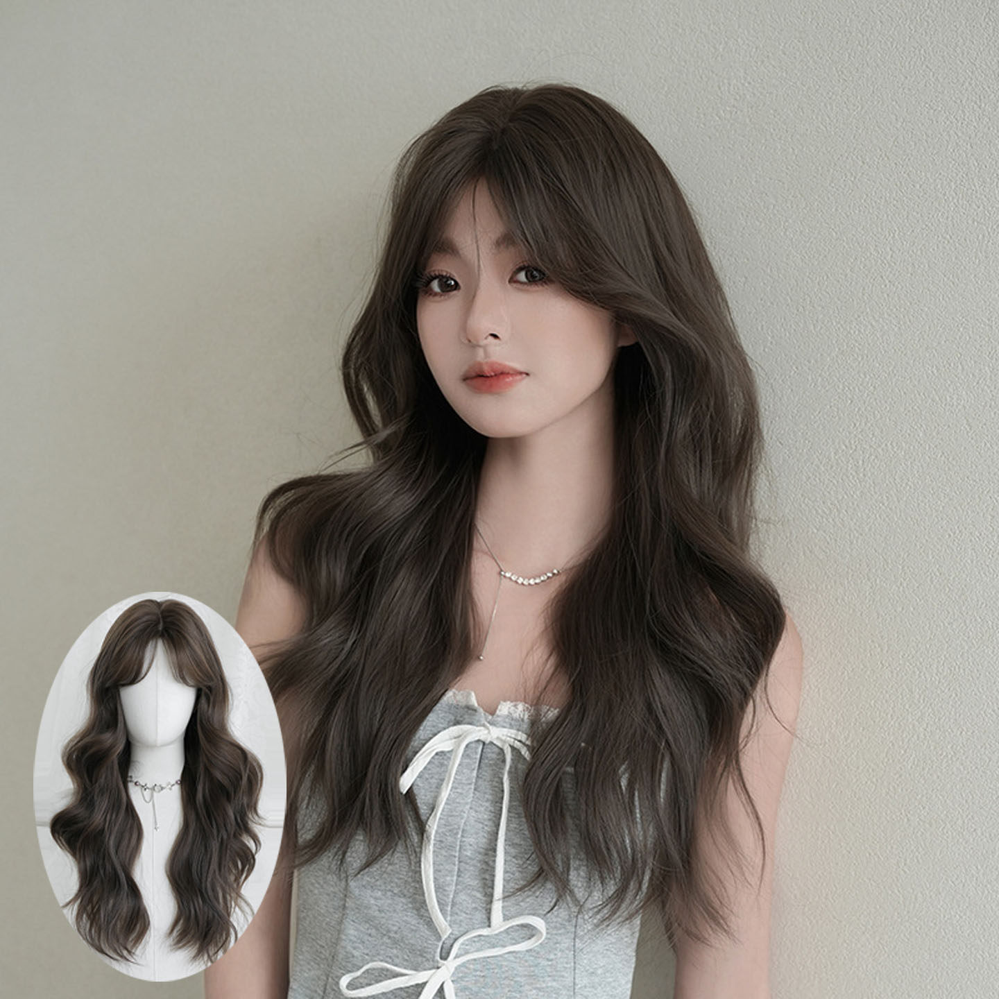 日韩假发女小八字刘海长卷发假发套仿真发冷棕色大波浪长发wigs
