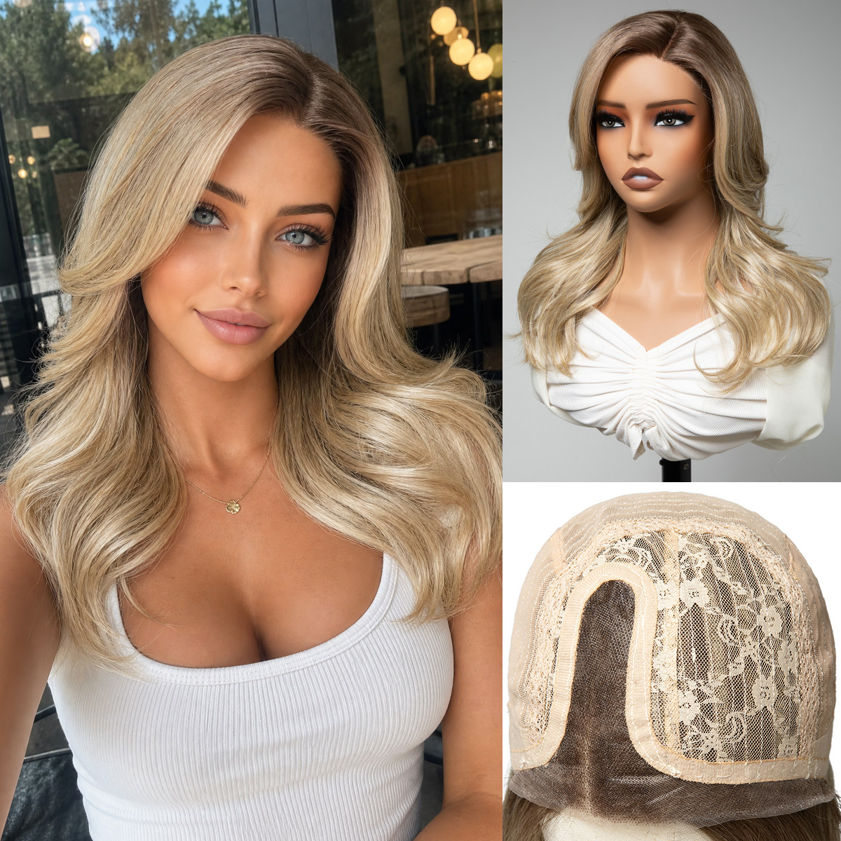 MONO网底假发女前T型蕾丝偏分刘海长卷发假发头套futura lace wig