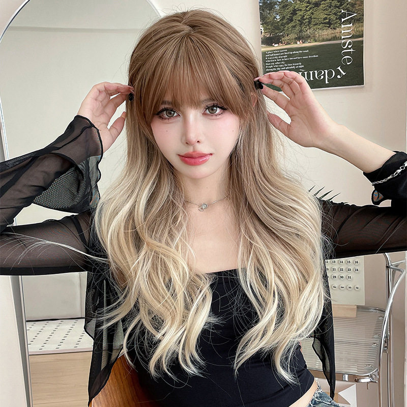 亚麻头顶渐变色假发女空气刘海长卷发假发全头套蓬松修脸长发wigs