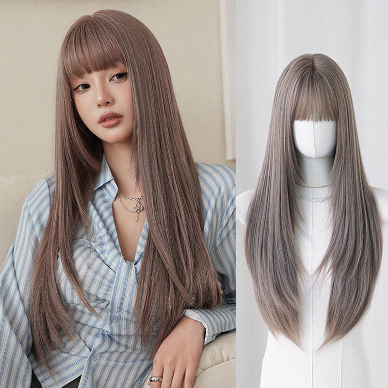 日韩女团假发女薄藤粉紫色长发假发全头套齐刘海层次感长直发wigs