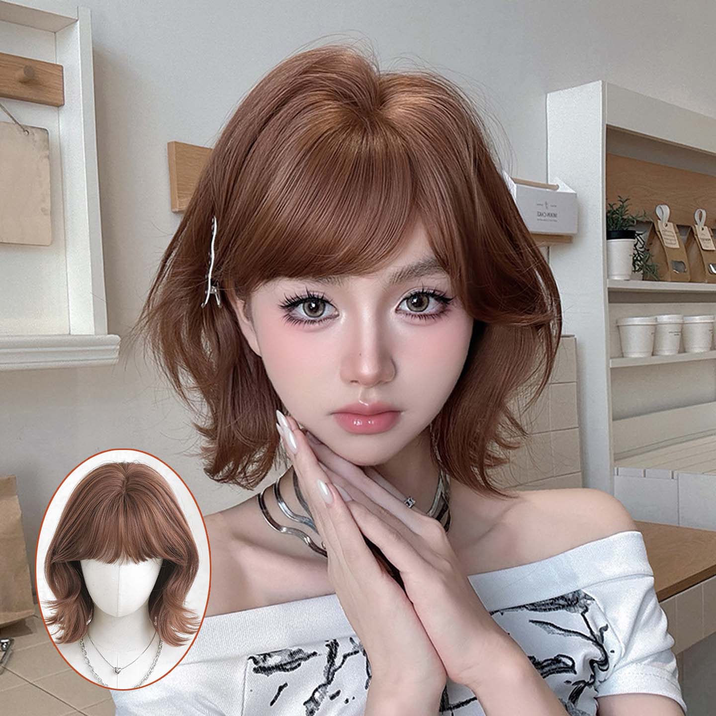 焦糖粉棕色假发女齐刘海短卷发假发头套外翻锁骨发短发short wigs